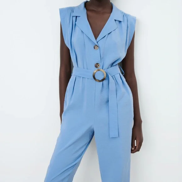 NWT Zara blue short sleeve buttoned up jumpsuit with a tie - Picture 4 of 15